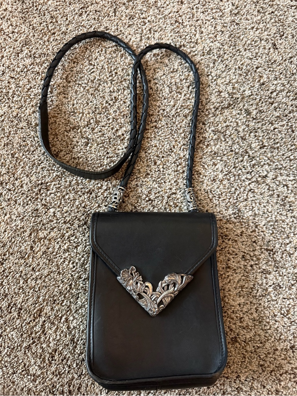 Brighton Black Leather Crossbody with Ornate Silver Floral V